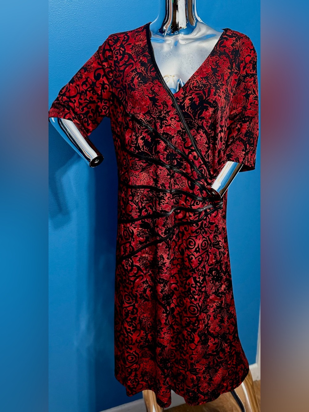 connected apparel Red and Black Midi Wrap-Style Dress